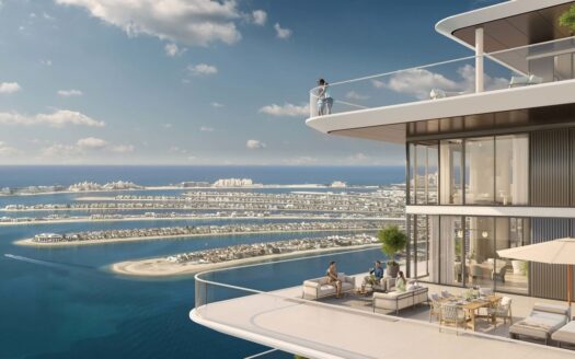 Dubai ingatlanbefektetés luxus apartman terasszal és panorámás kilátással a Palm Jumeirah-ra.